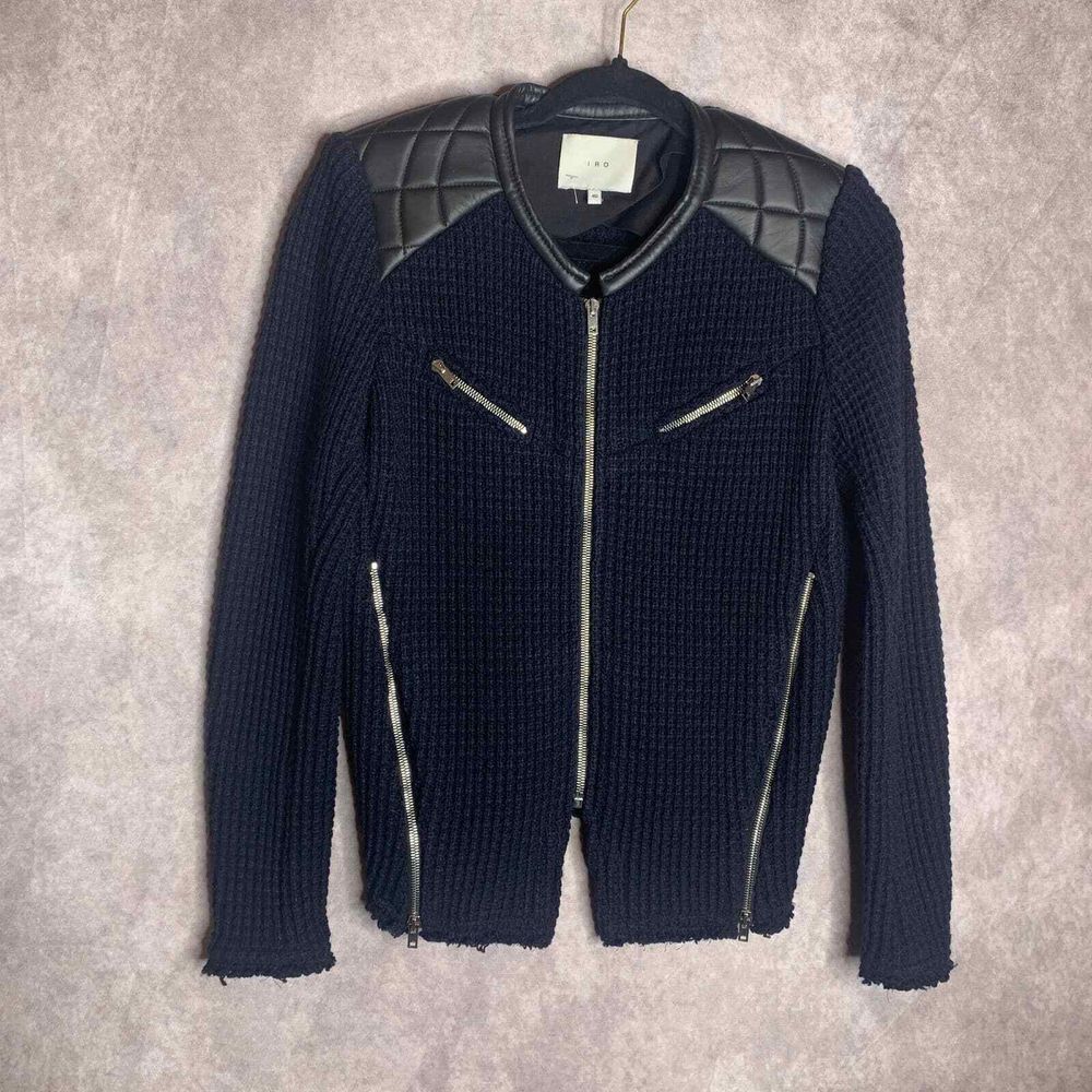 IRO Womens Jacket‎ Size 40 Blue Waffle Knit Wool Blend Moto Full Zip Zipper